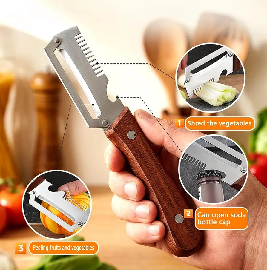 3 in 1 Peeler Knife with Wooden-Style Handle – Multifunctional Stainless Steel Fruit & Vegetable Peeler
