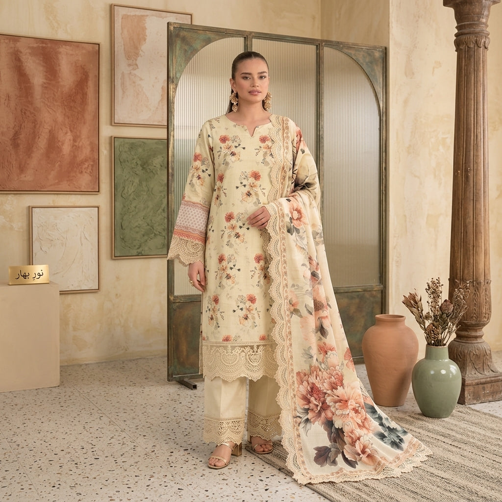 Malhaar Ivory Blossom 3-Piece Linen Suit – Unstitched Winter Collection Volume 01 | Stylo Choice
