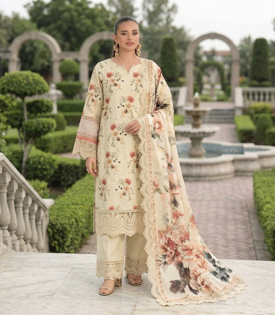 Malhaar Ivory Blossom 3-Piece Linen Suit – Unstitched Winter Collection Volume 01 | Stylo Choice