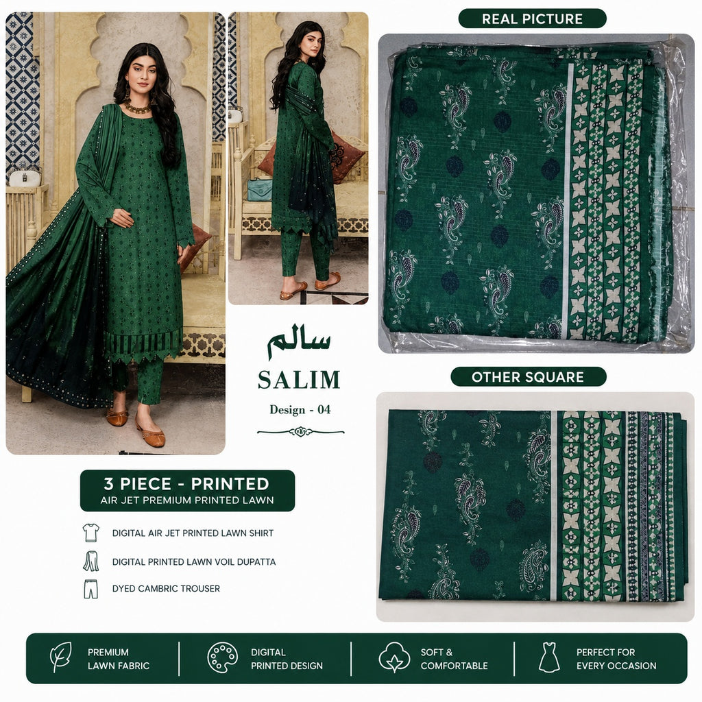 Salim Emerald Grace 3 Piece Printed Lawn Suit for Women – Premium Summer Collection | Stylo Choice