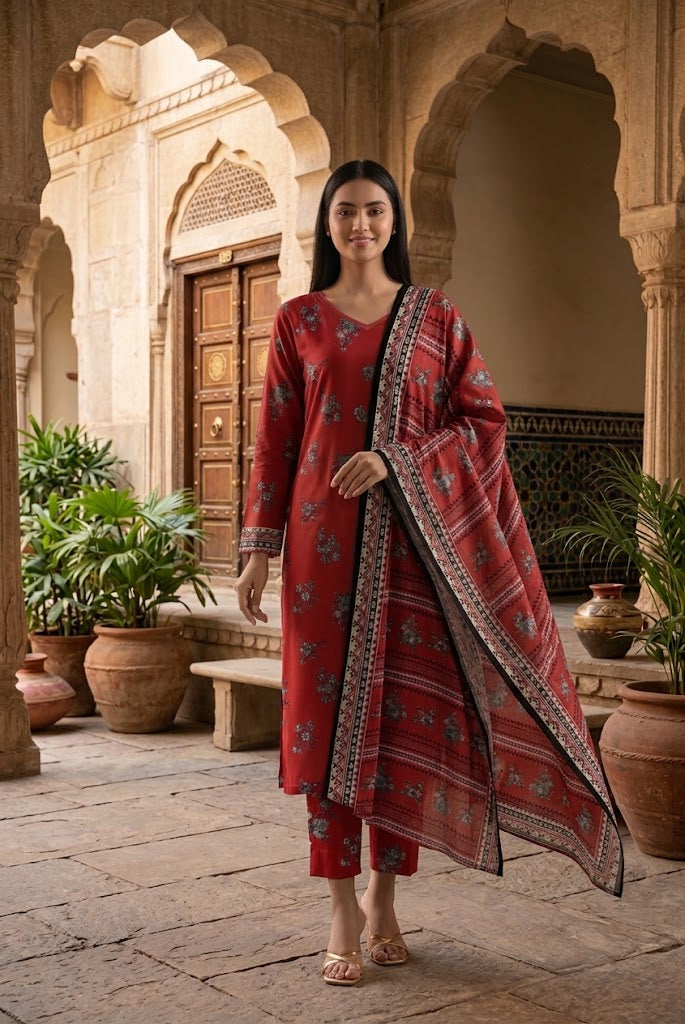 Saya Ruby Bloom 3-Piece Printed Lawn Suit – Unstitched Women's Summer Dress Collection | Stylo Choice