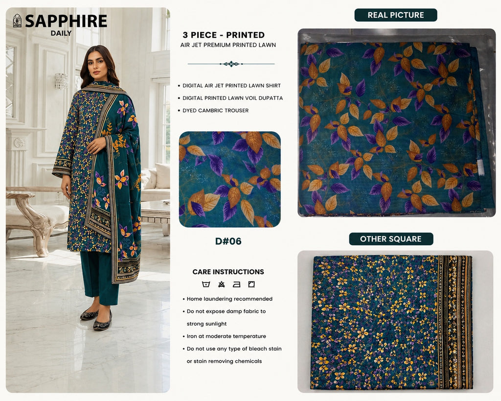 SAPPHIRE 3 Piece Printed Lawn Suit for Women – Premium Unstitched Summer Lawn Collection | Stylo Choice