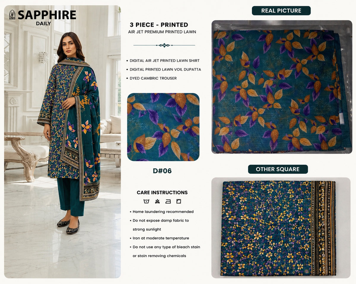 SAPPHIRE 3 Piece Printed Lawn Suit for Women – Premium Unstitched Summer Lawn Collection | Stylo Choice