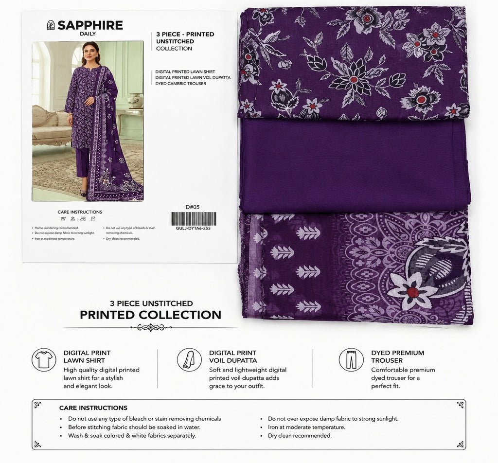 SAPPHIRE 3 Piece Printed Lawn Suit Unstitched for Women – Premium Summer Lawn Collection | Elegant Pakistani Dress | Stylo Choice