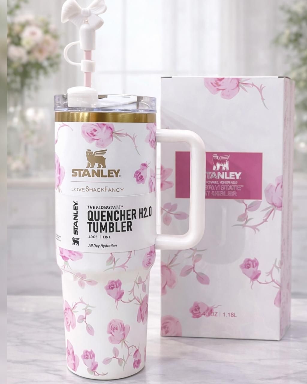 Stanley Premium Quality Floral Tumbler – Insulated Travel Mug with Handle & Straw | Stylish Floral Water Cup | Stylo Choice