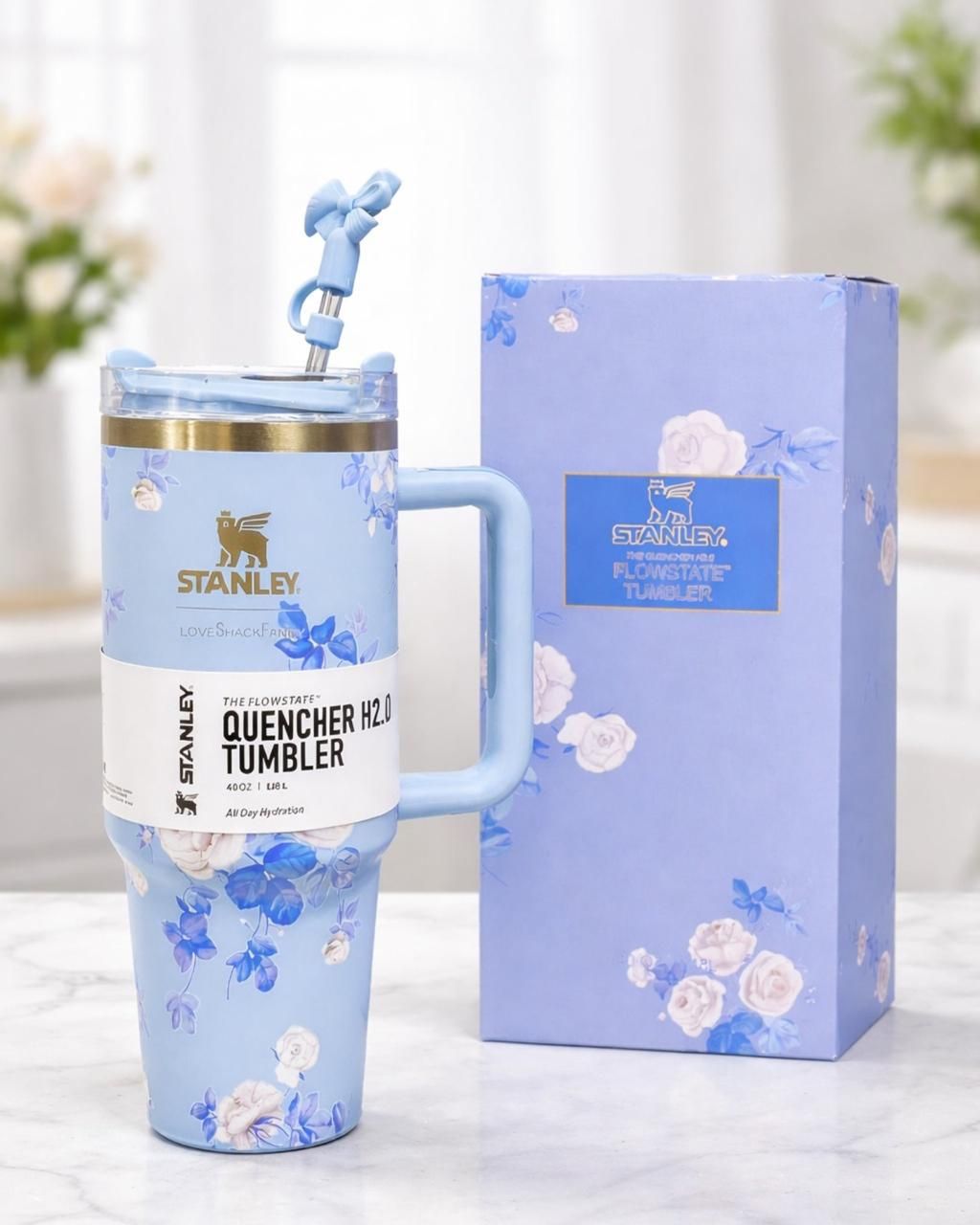 Stanley Premium Quality Floral Tumbler – Insulated Travel Mug with Handle & Straw | Stylish Floral Water Cup | Stylo Choice