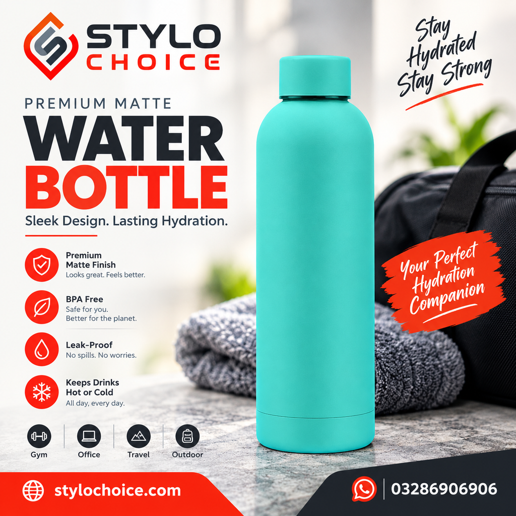 Premium Matte Water Bottle 500ml – Leakproof Stainless Steel Insulated Bottle | Stylo Choice