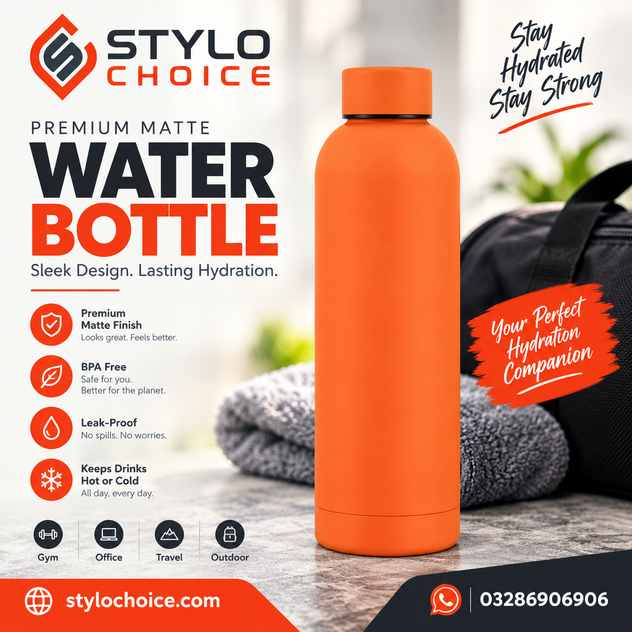Premium Matte Water Bottle 500ml – Leakproof Stainless Steel Insulated Bottle | Stylo Choice